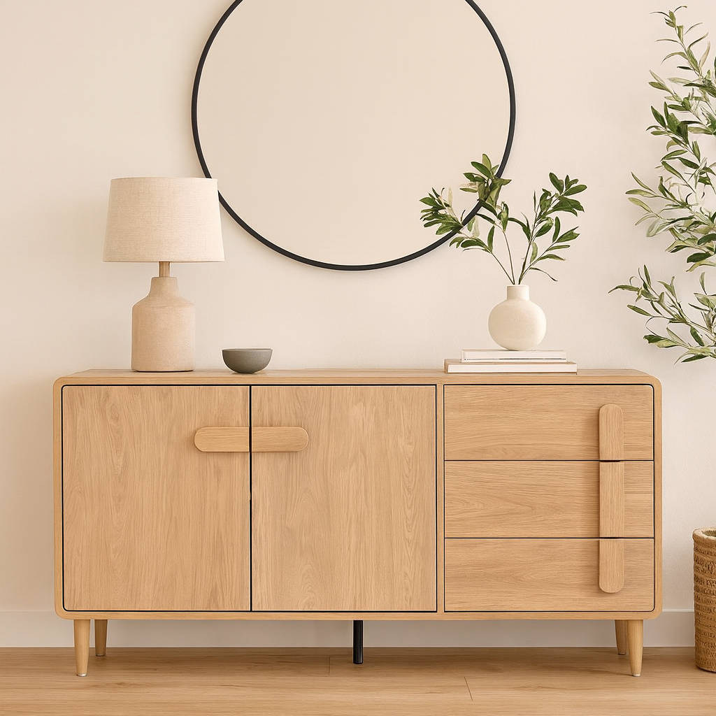Scandinavian Oak Sideboard with Drawers & Cabinets