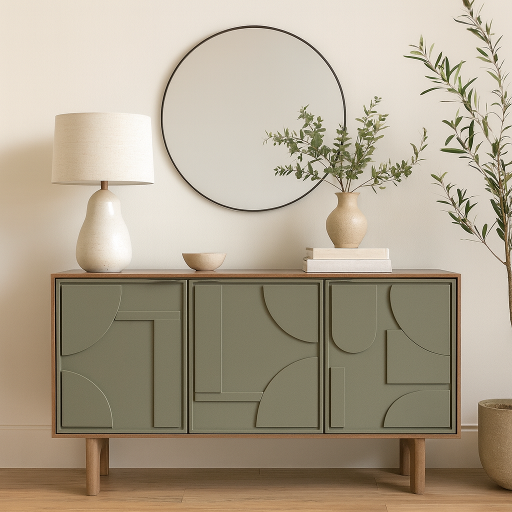 Modern Wooden Sideboard with Geometric Sage Green Doors