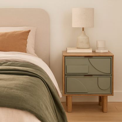 Modern Wooden Bedside Table with Geometric Drawer Fronts