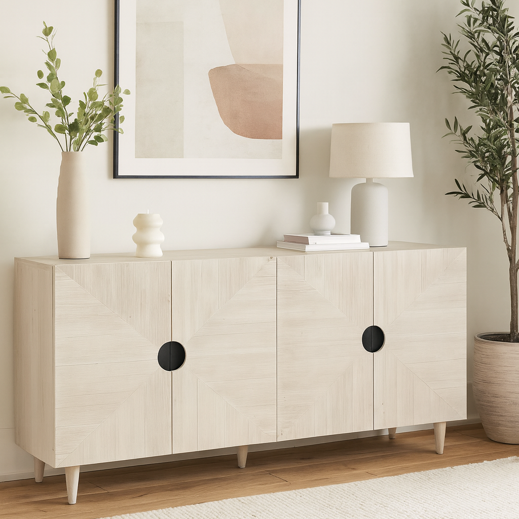 Light Oak Wooden Sideboard with Geometric Fronts