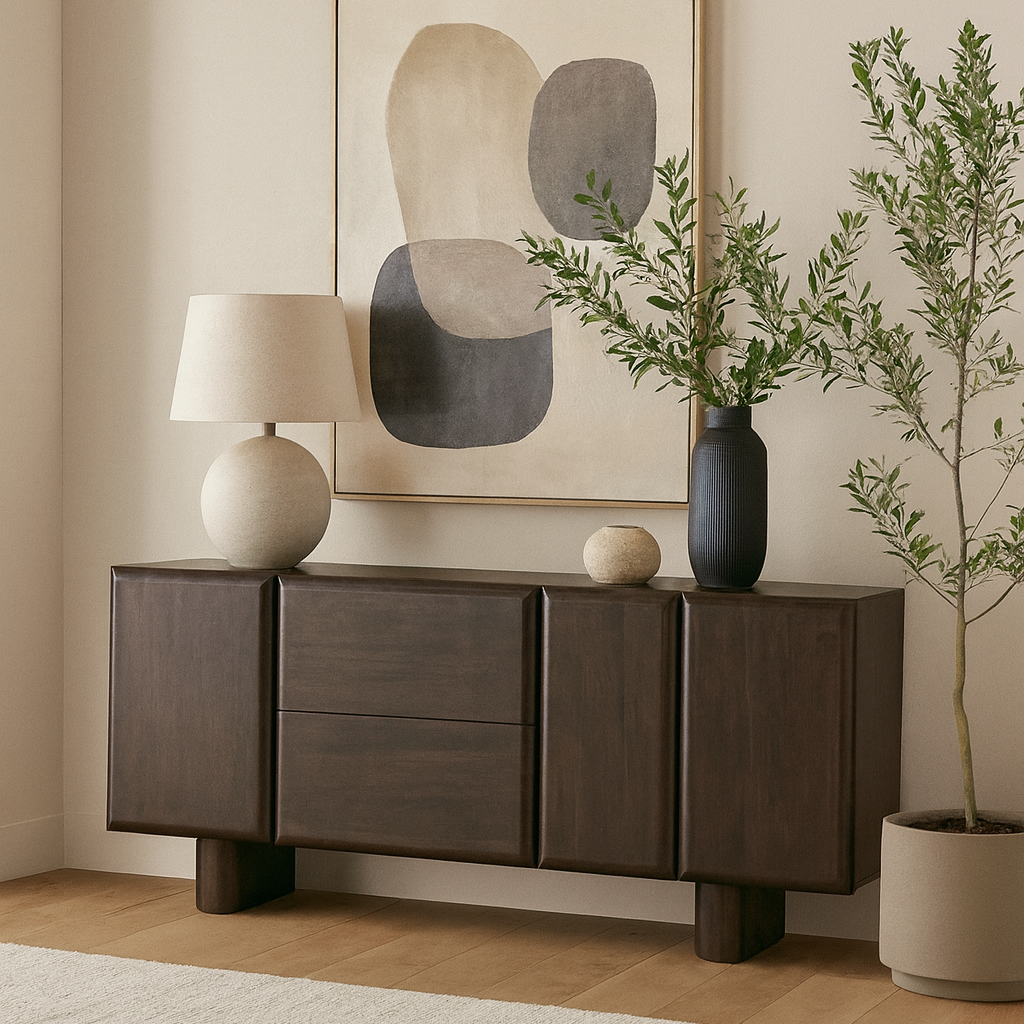 Dark Walnut Wooden Sideboard with Bold Geometric Fronts