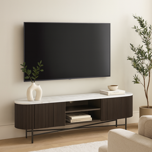 Modern Black Fluted TV Console with Marble Top