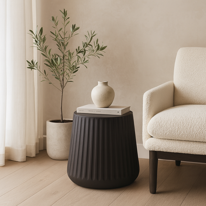 Black Fluted Wooden Stool / Side Table