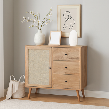 Wooden Storage Cabinet with Cane Door & Drawers