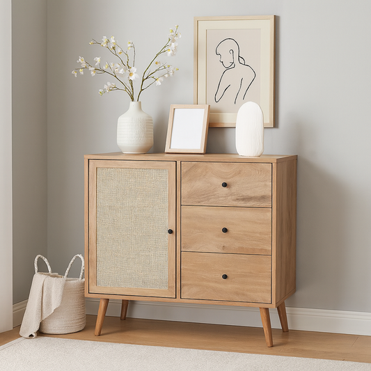 Wooden Storage Cabinet with Cane Door & Drawers