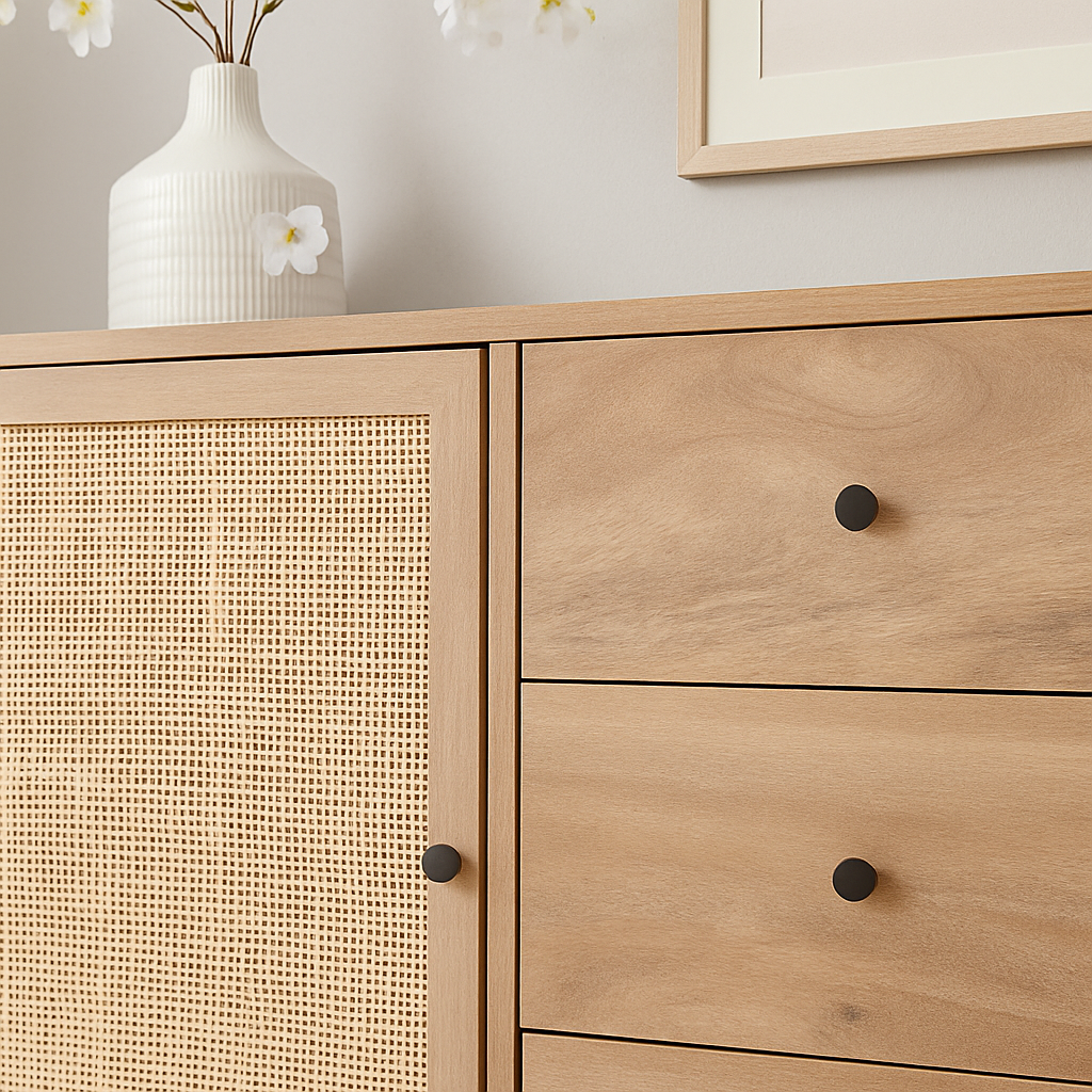 Wooden Storage Cabinet with Cane Door & Drawers