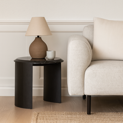 Black Marble Top Side Table with Sculpted Wooden Base