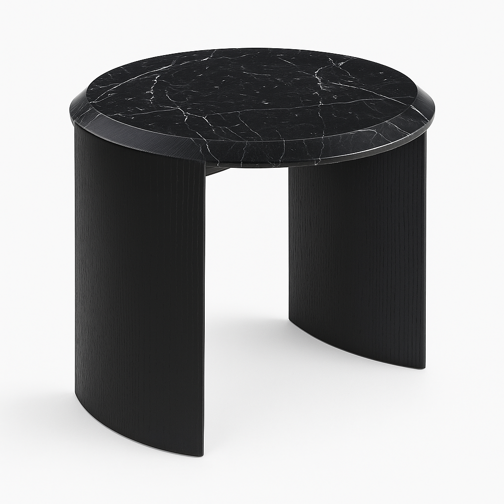 Black Marble Top Side Table with Sculpted Wooden Base