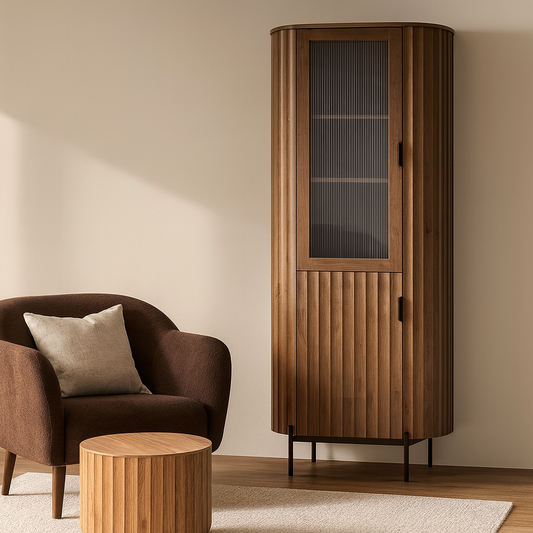 Tall Wooden Cabinet with Fluted Doors & Glass Panel