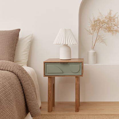 Wooden Bedside Table with Geometric Sage Green Drawer & Arched Legs