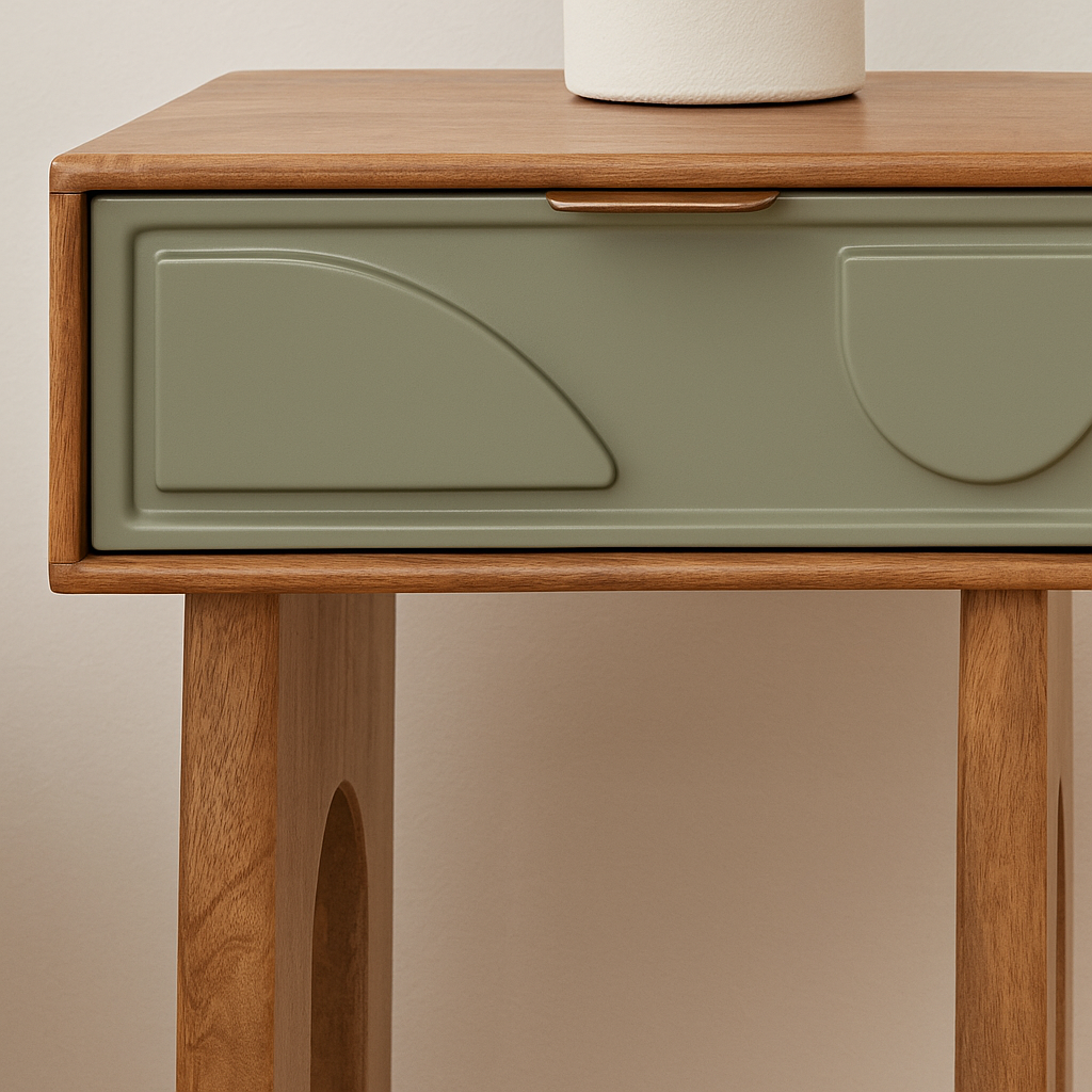 Wooden Bedside Table with Geometric Sage Green Drawer & Arched Legs