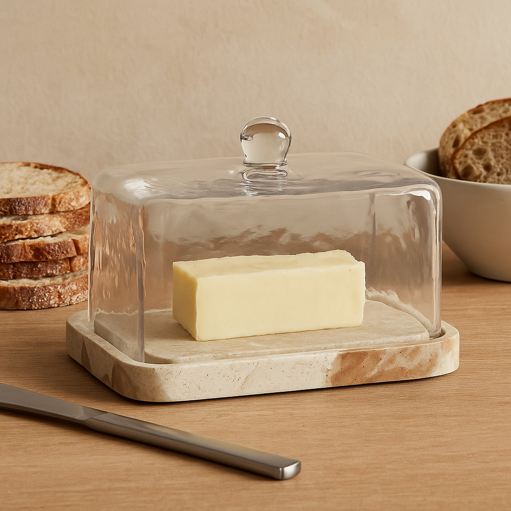 Rectangular Marble Butter Dish with Glass Dome