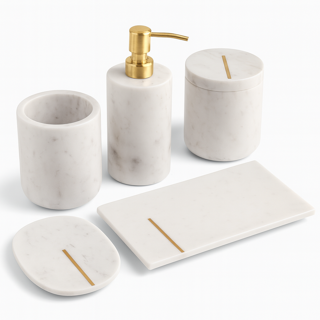 White Marble Bathroom Accessory Set with Gold Detailing – 5 Piece SET