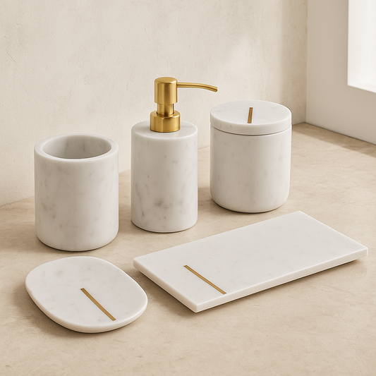 White Marble Bathroom Accessory Set with Gold Detailing – 5 Piece SET