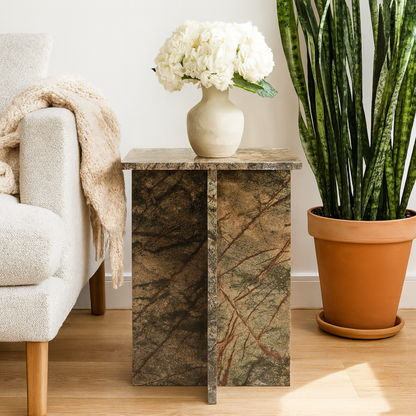 Green Forest Indian Marble Accent Table – Handcrafted Natural Stone Furniture