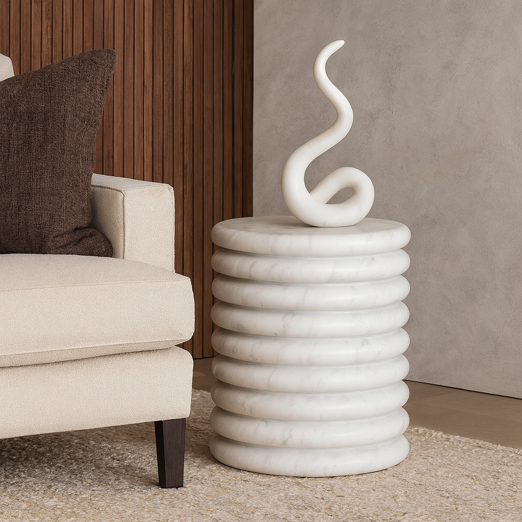 White Purple Marble Accent Table – Handcrafted Solid Stone Furniture