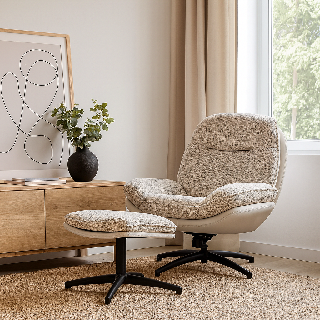 Nimbus Cotton Chair with Ottoman – Cotton Upholstery & Iron Base