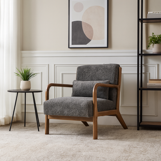 Blue Betty Arm Chair – Bouclé Fabric & Para Wood Frame