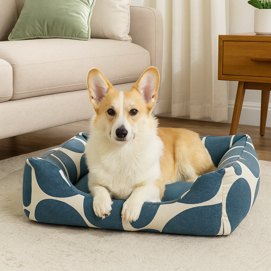 Rectangular Printed Pet Bed with Raised Bolster