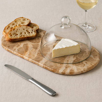 Beige Marble Oval Serving Board with Glass Cloche