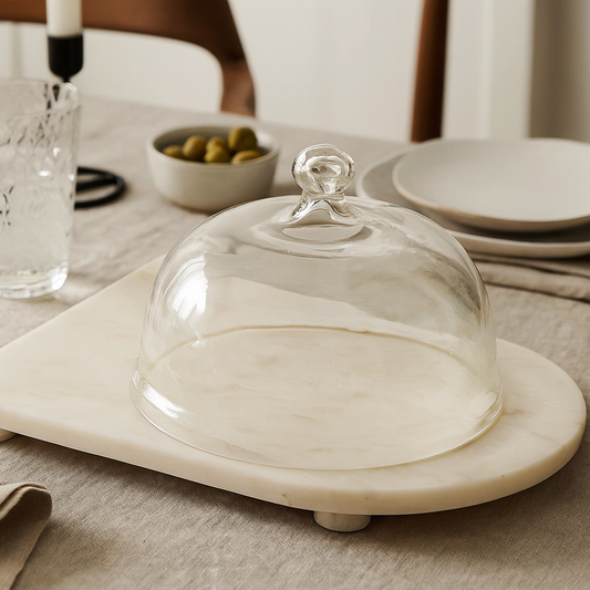 White Marble Serving Platter with Glass Dome