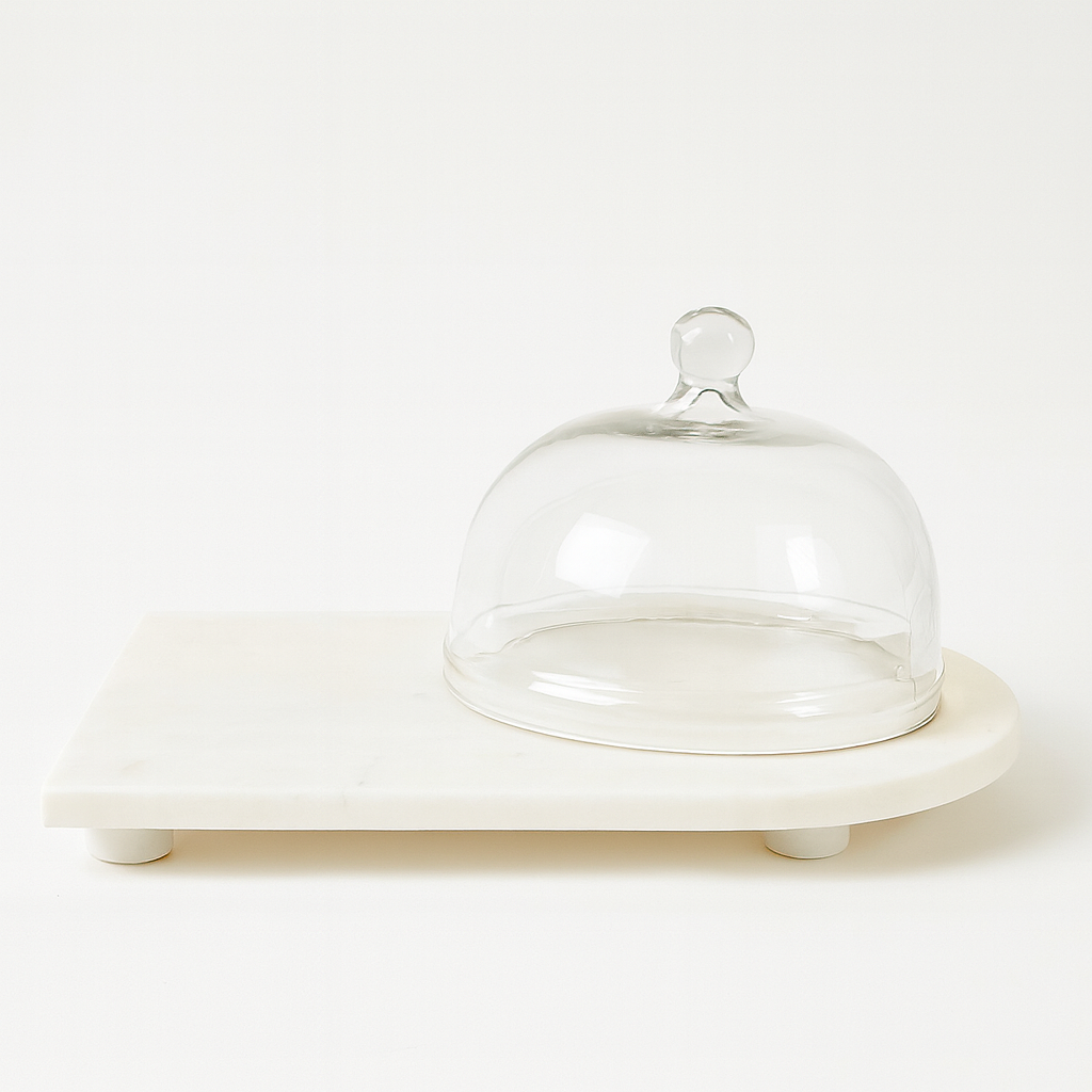 White Marble Serving Platter with Glass Dome