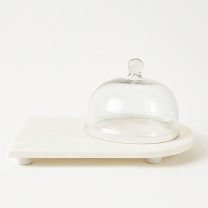 White Marble Serving Platter with Glass Dome