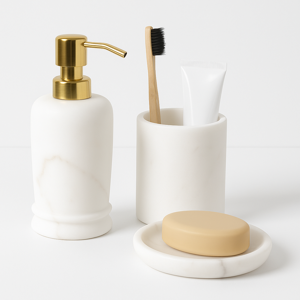 White Marble Bathroom Set with Gold Pump – 3 Piece