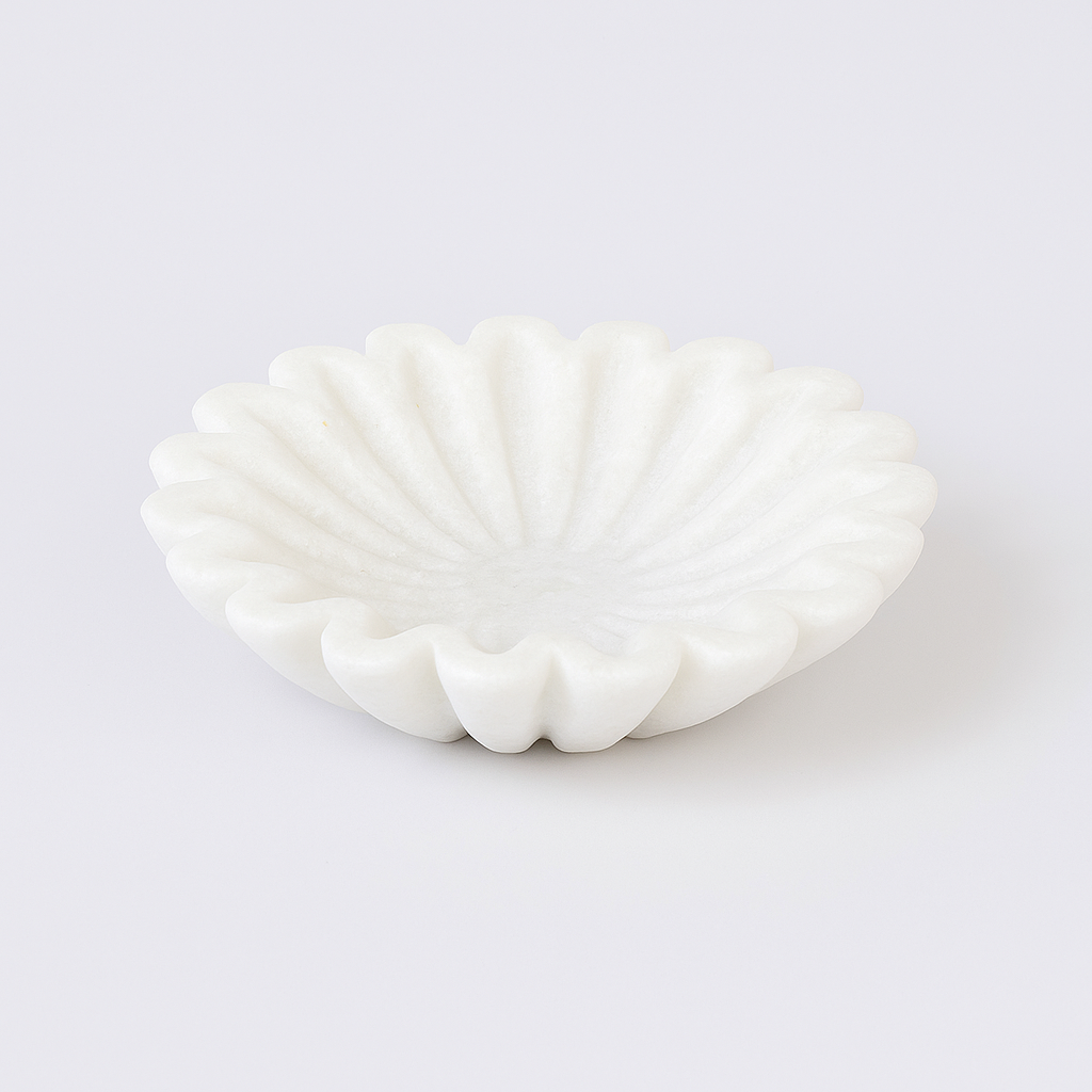 White Marble Flower Carved Bowl – Handcrafted Decorative Accent Piece