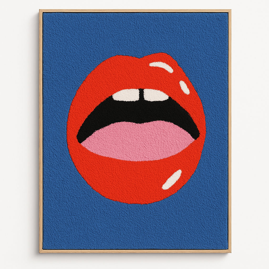Pop Art Wooden Wall Art – Red Lips on Blue Background