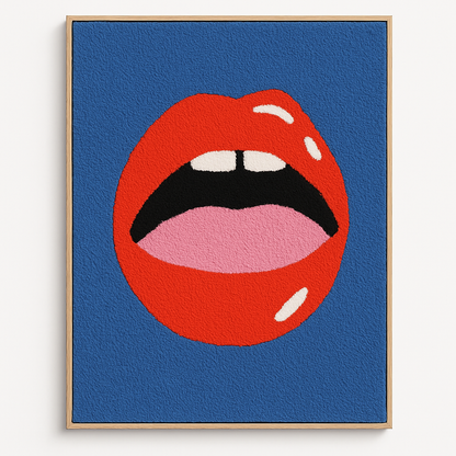 Pop Art Wooden Wall Art – Red Lips on Blue Background