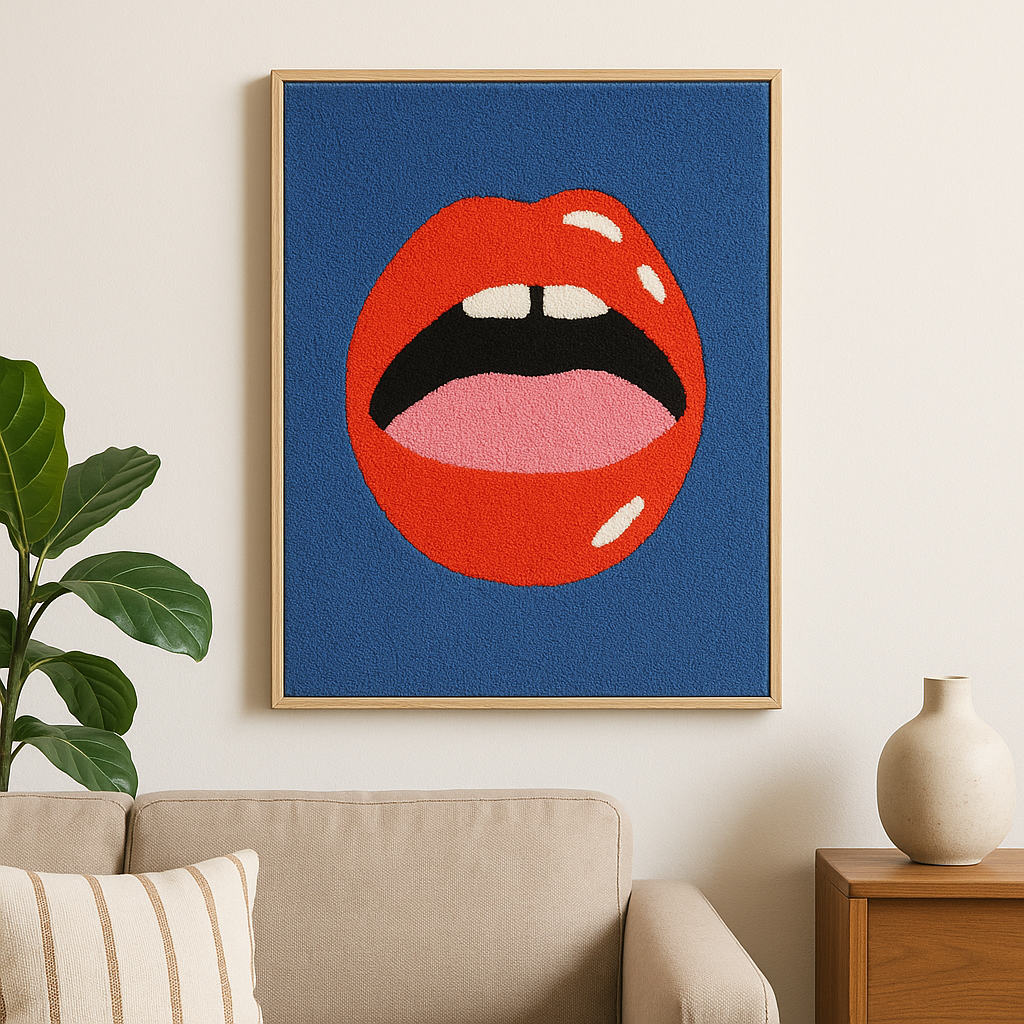 Pop Art Wooden Wall Art – Red Lips on Blue Background