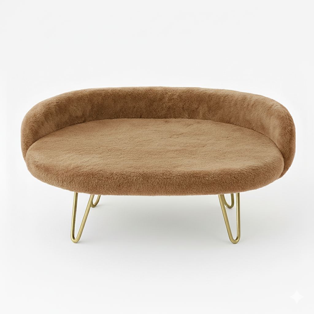 Luxe Plush Pet Bed with Gold Legs – Beige (Sofa-Style)