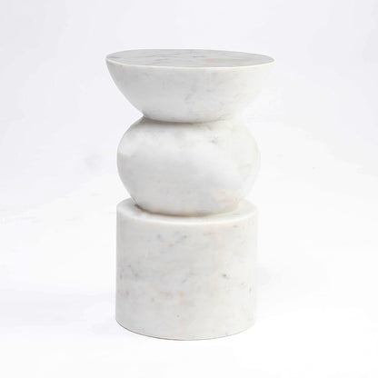 White Purple Marble Sculptural Accent Stool / Side Table – Handcrafted Natural Stone