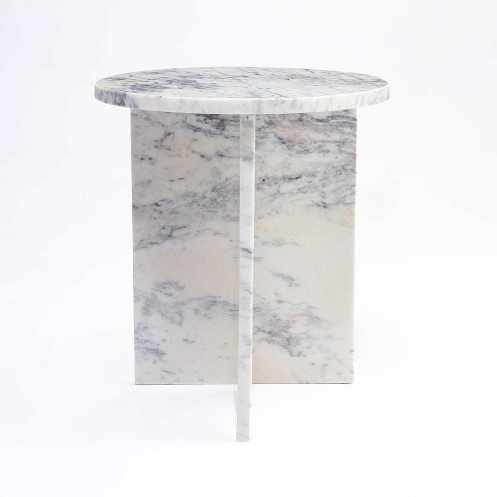 White Purple Marble Round Accent Table – Handcrafted Natural Stone Furniture
