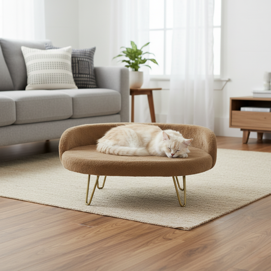 Luxe Plush Pet Bed with Gold Legs – Beige (Sofa-Style)