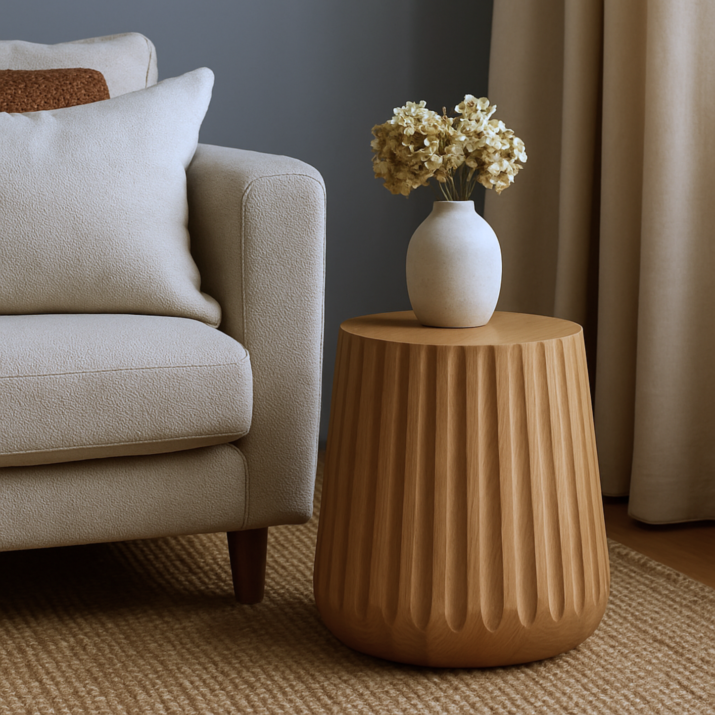 Natural Oak Fluted Wooden Stool / Side Table