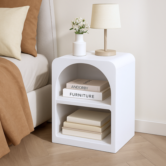 Minimalist White Bedside Table with Two Open Shelves