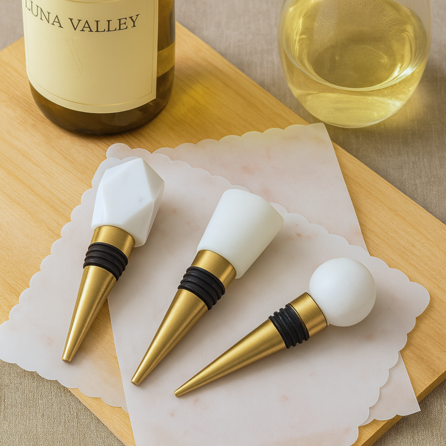Marble & Brass Wine Stoppers – Set of 3