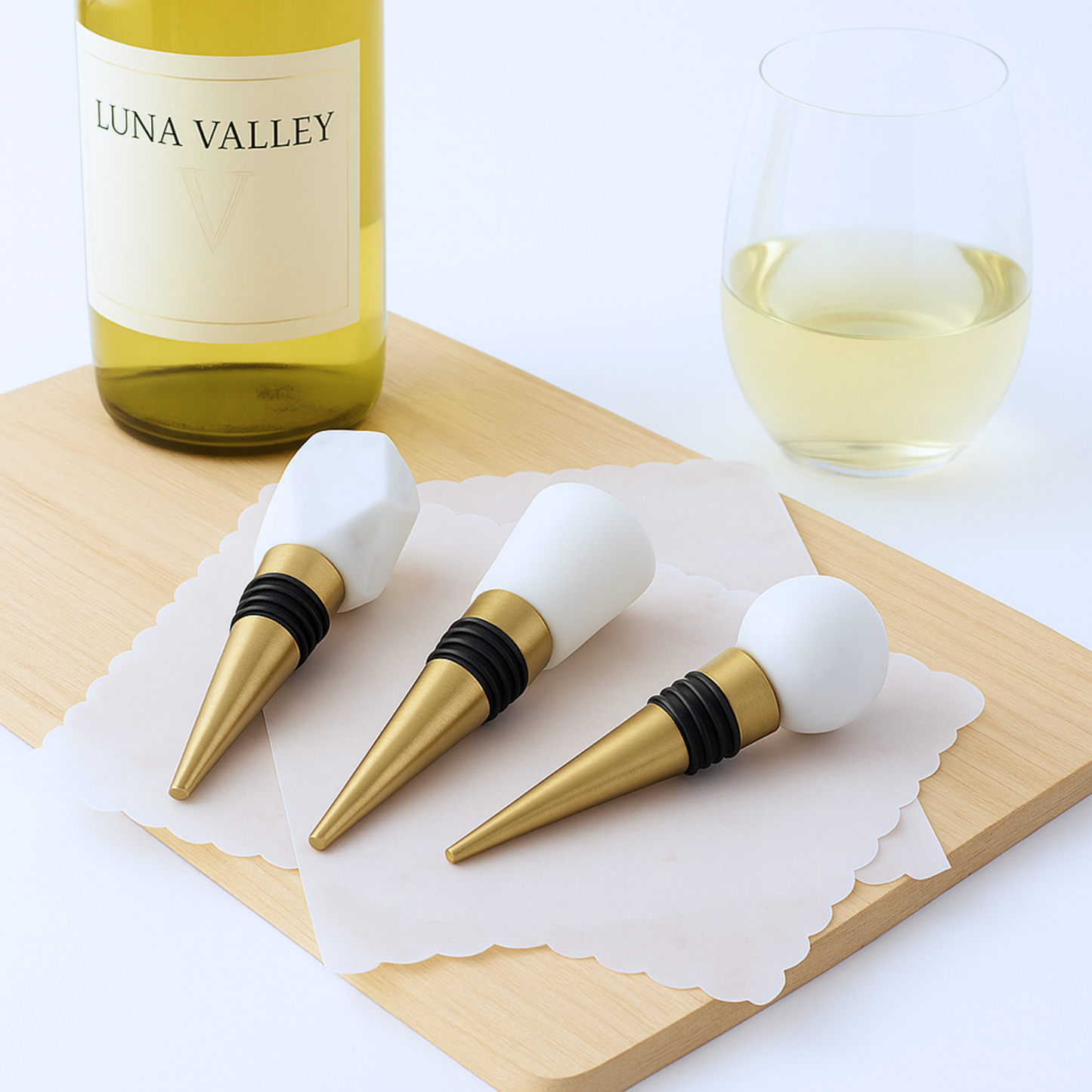 Marble & Brass Wine Stoppers – Set of 3