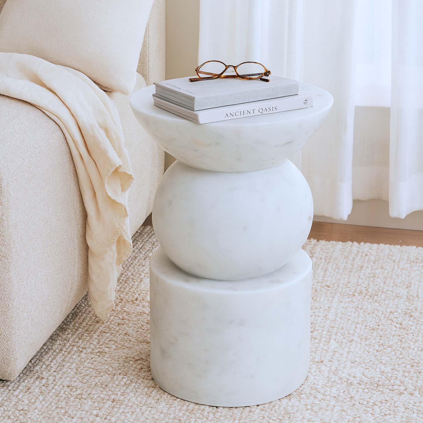 White Purple Marble Sculptural Accent Stool / Side Table – Handcrafted Natural Stone