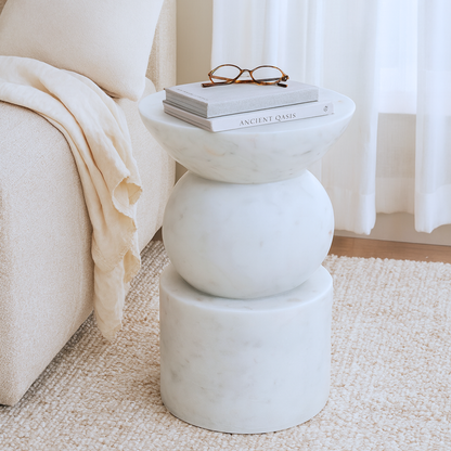 White Purple Marble Sculptural Accent Stool / Side Table – Handcrafted Natural Stone