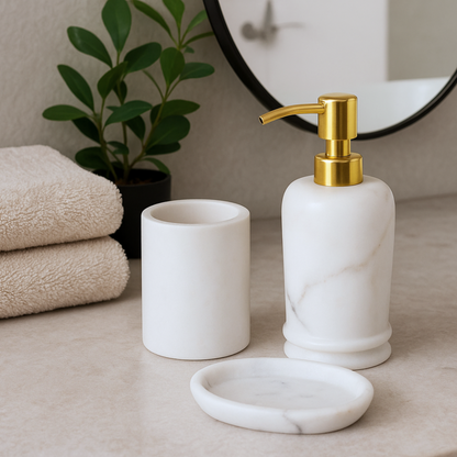 White Marble Bathroom Set with Gold Pump – 3 Piece