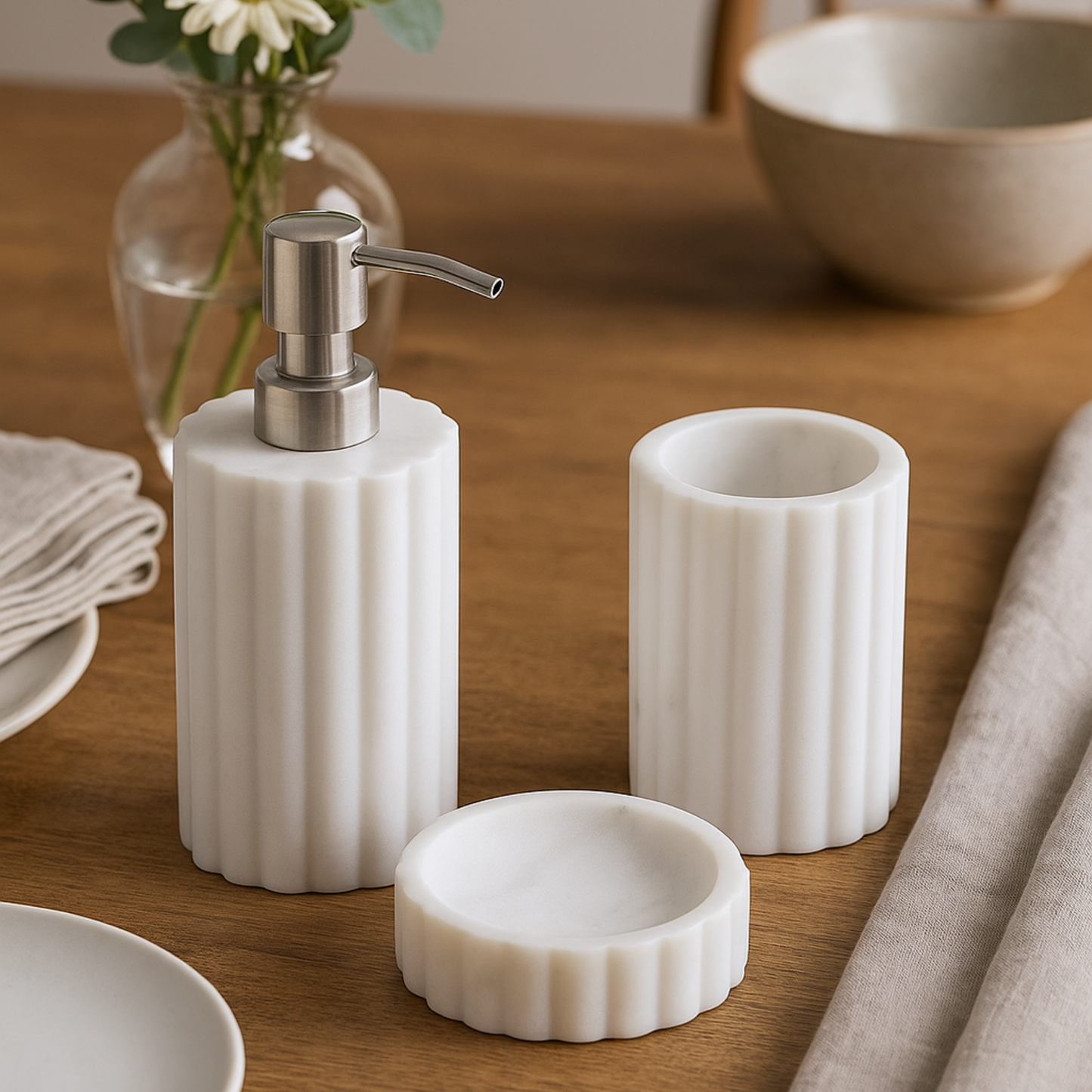 White Fluted Marble Bathroom Set – 3 Piece