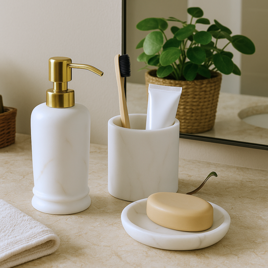 White Marble Bathroom Set with Gold Pump – 3 Piece