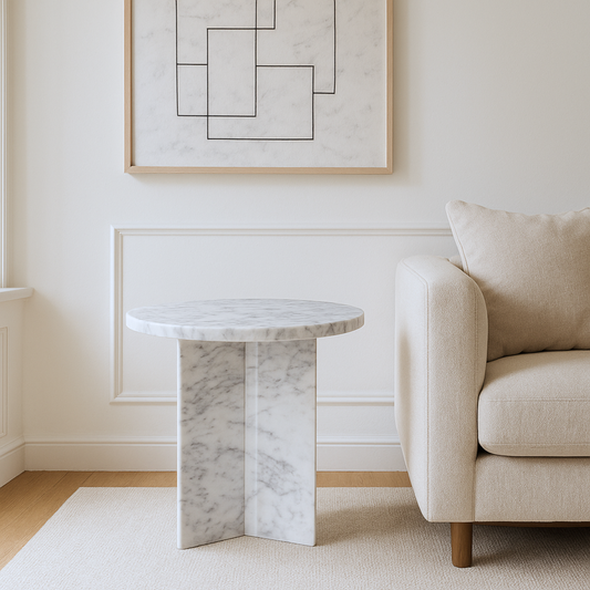 White Purple Marble Round Accent Table – Handcrafted Natural Stone Furniture