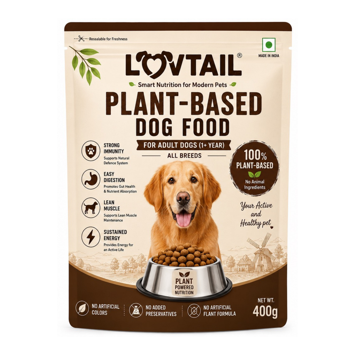 LOVTAIL Adult Dog Food | 100% Plant-Based | Supports Gut Health, Immunity & Lean Muscle | 400g