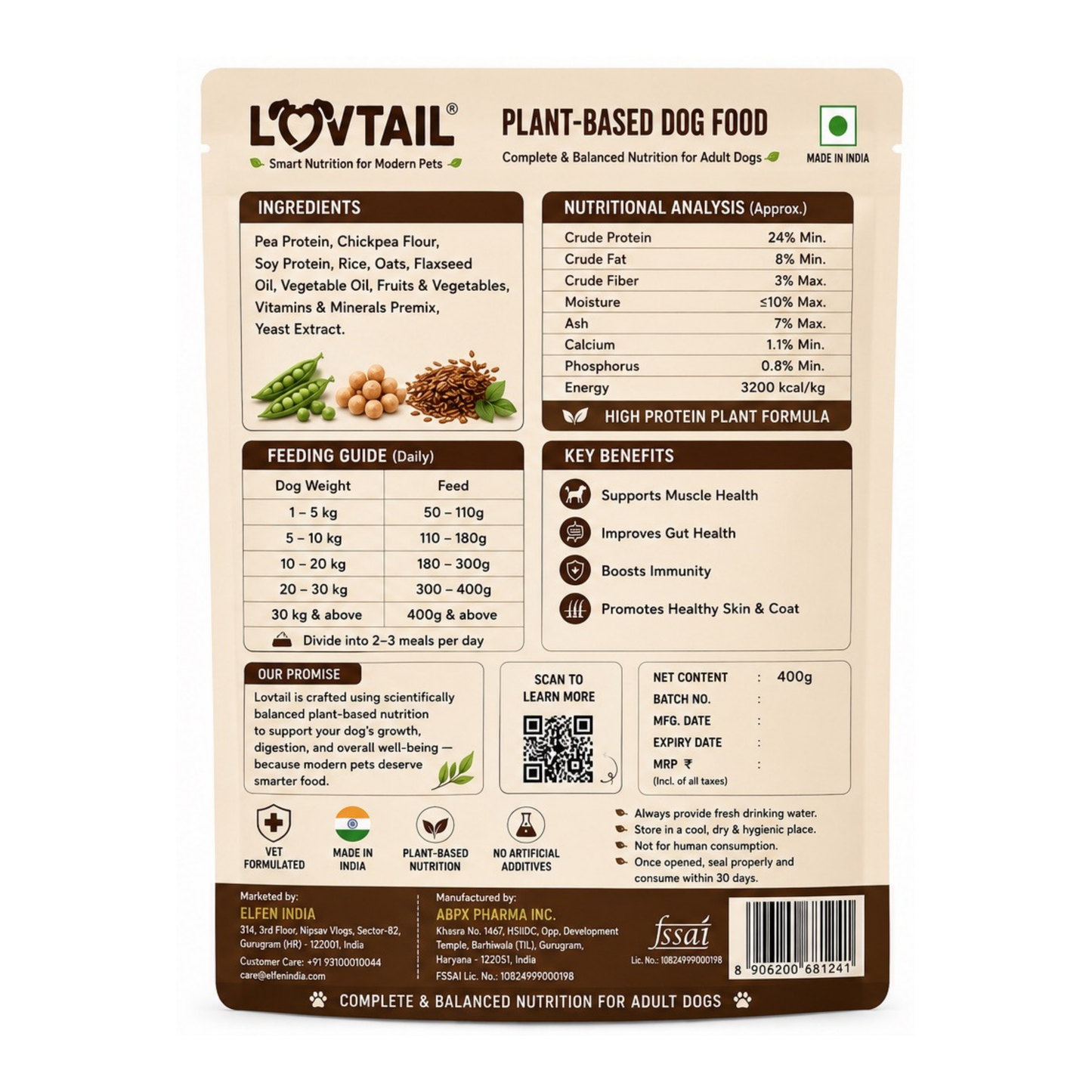 LOVTAIL Adult Dog Food | 100% Plant-Based | Supports Gut Health, Immunity & Lean Muscle | 400g