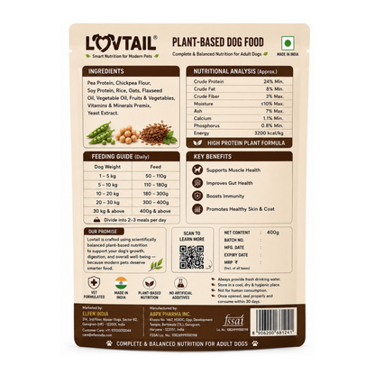 LOVTAIL Adult Dog Food | 100% Plant-Based | Supports Gut Health, Immunity & Lean Muscle | 400g