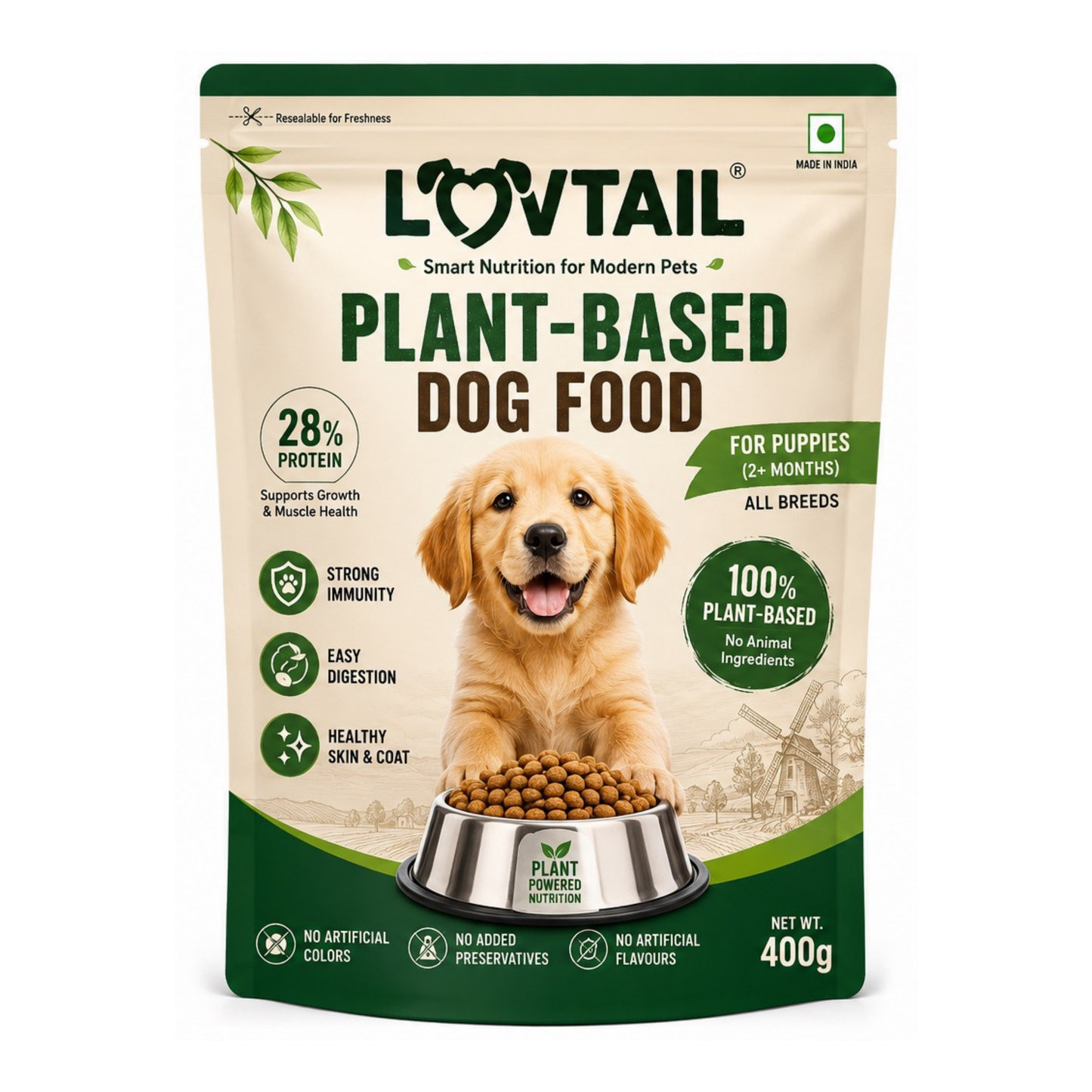 LOVTAIL Puppy Dog Food | 100% Plant-Based | Supports Muscle Growth, Digestion & Healthy Coat | 400g